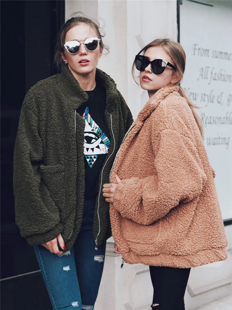 Faux Fur Coat Warm Soft Zipper Jacket Plush Overcoat Pocket