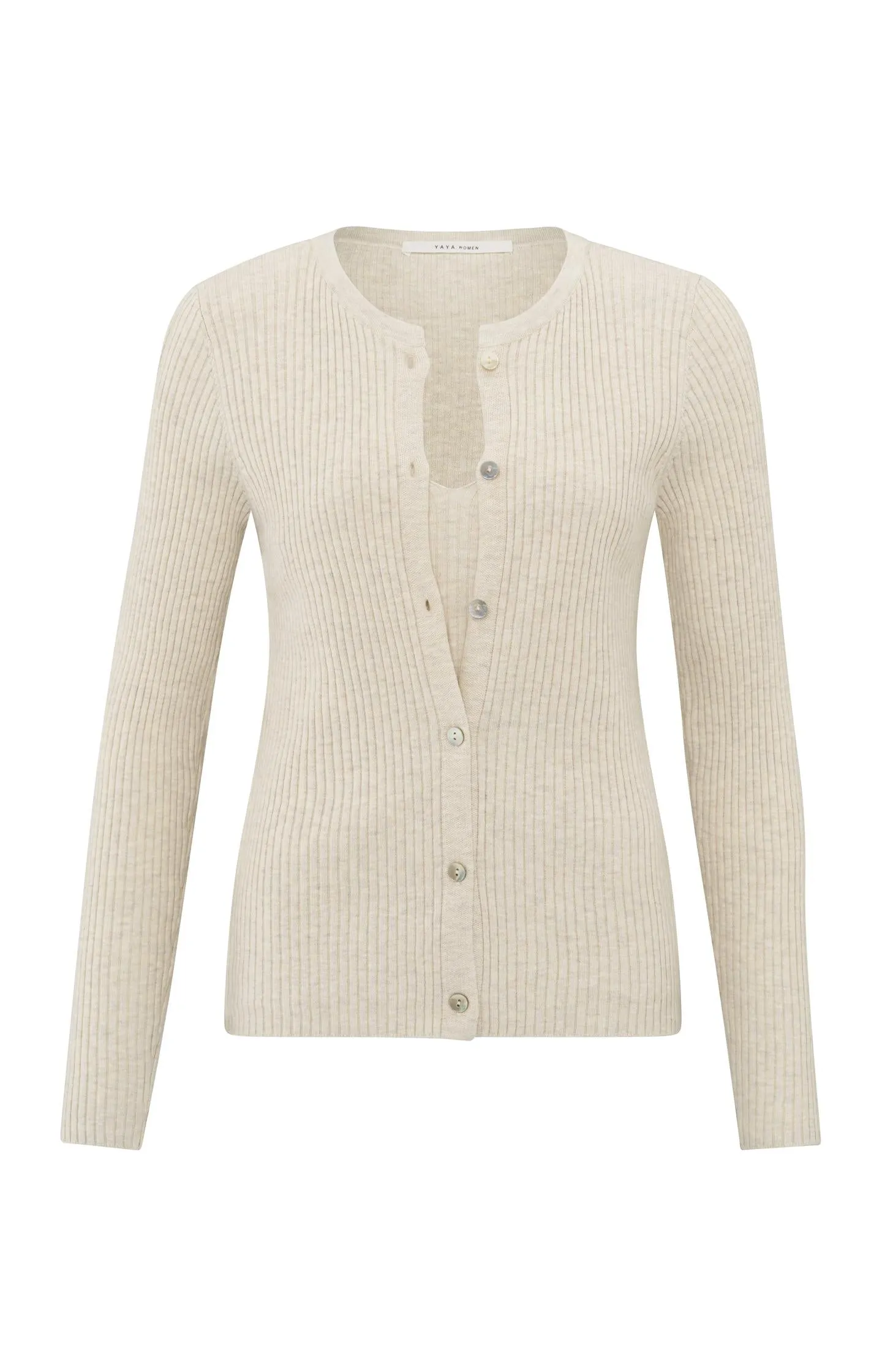 Faux layered ribbed cardigan with button detail