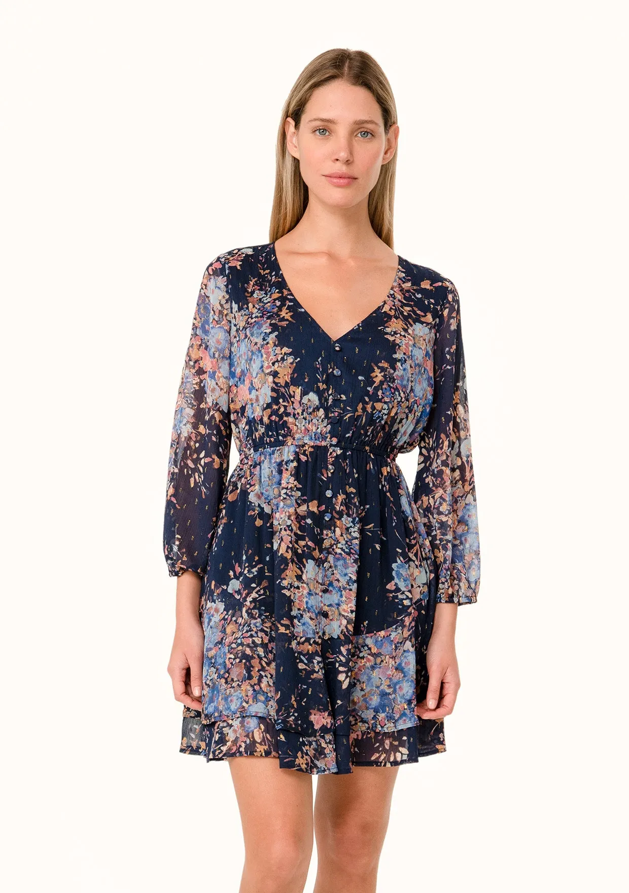 Floral Lurex Long Sleeve Button Front Mini Dress