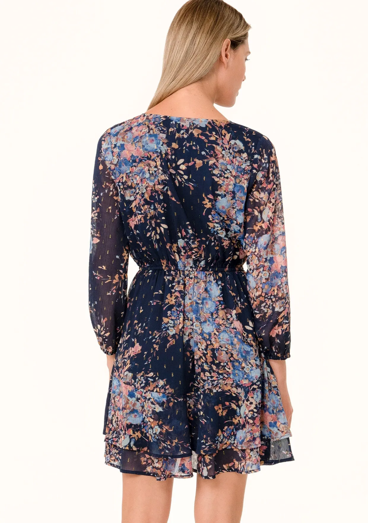 Floral Lurex Long Sleeve Button Front Mini Dress