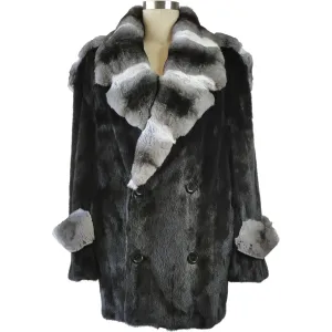 Full Skin Mink Pea Coat w/ Real Chinchilla Collar - Black