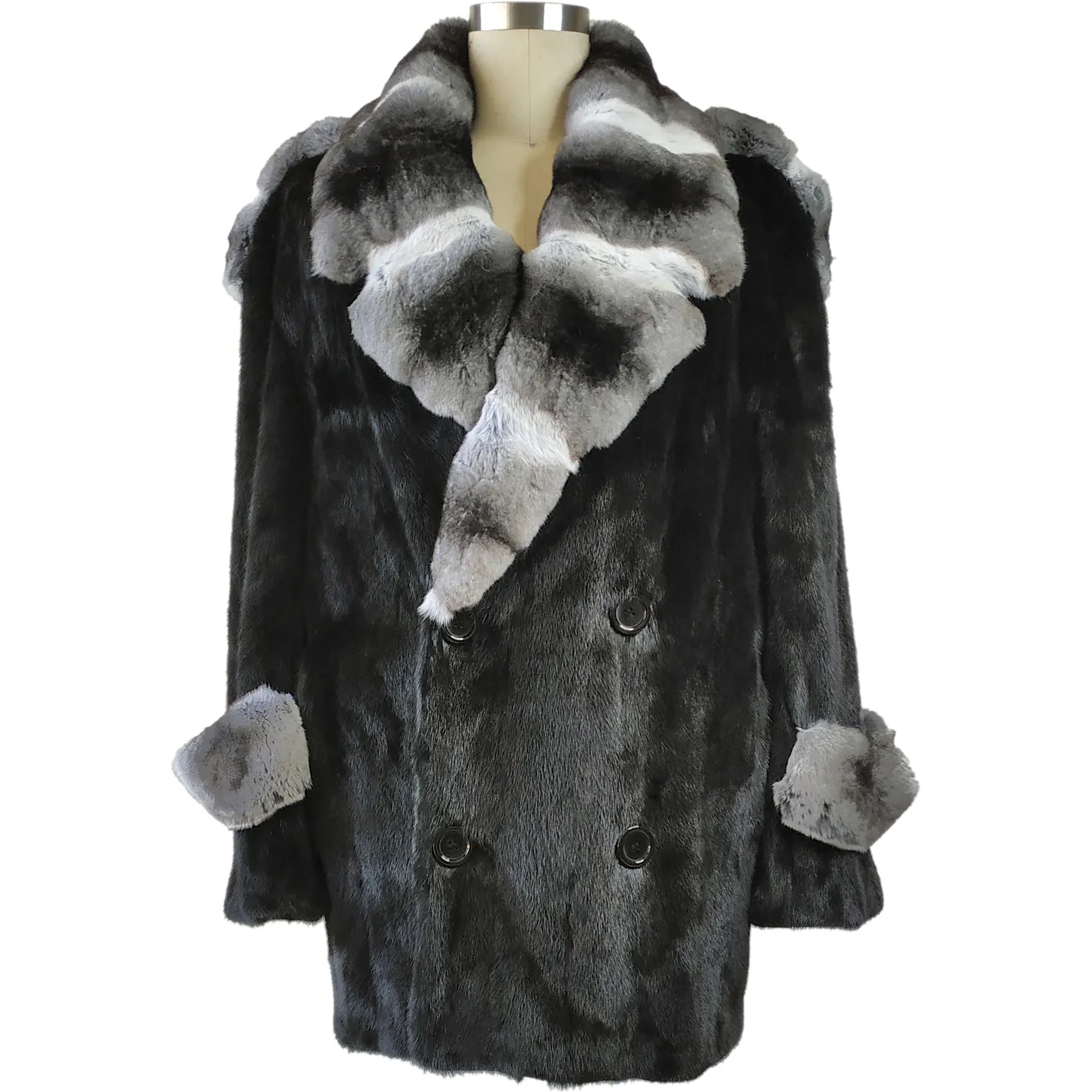 Full Skin Mink Pea Coat w/ Real Chinchilla Collar - Black