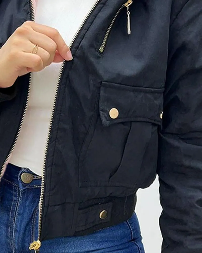 Fuzzy Trim Hooded Zip Up Pocket Design Lined Coat
