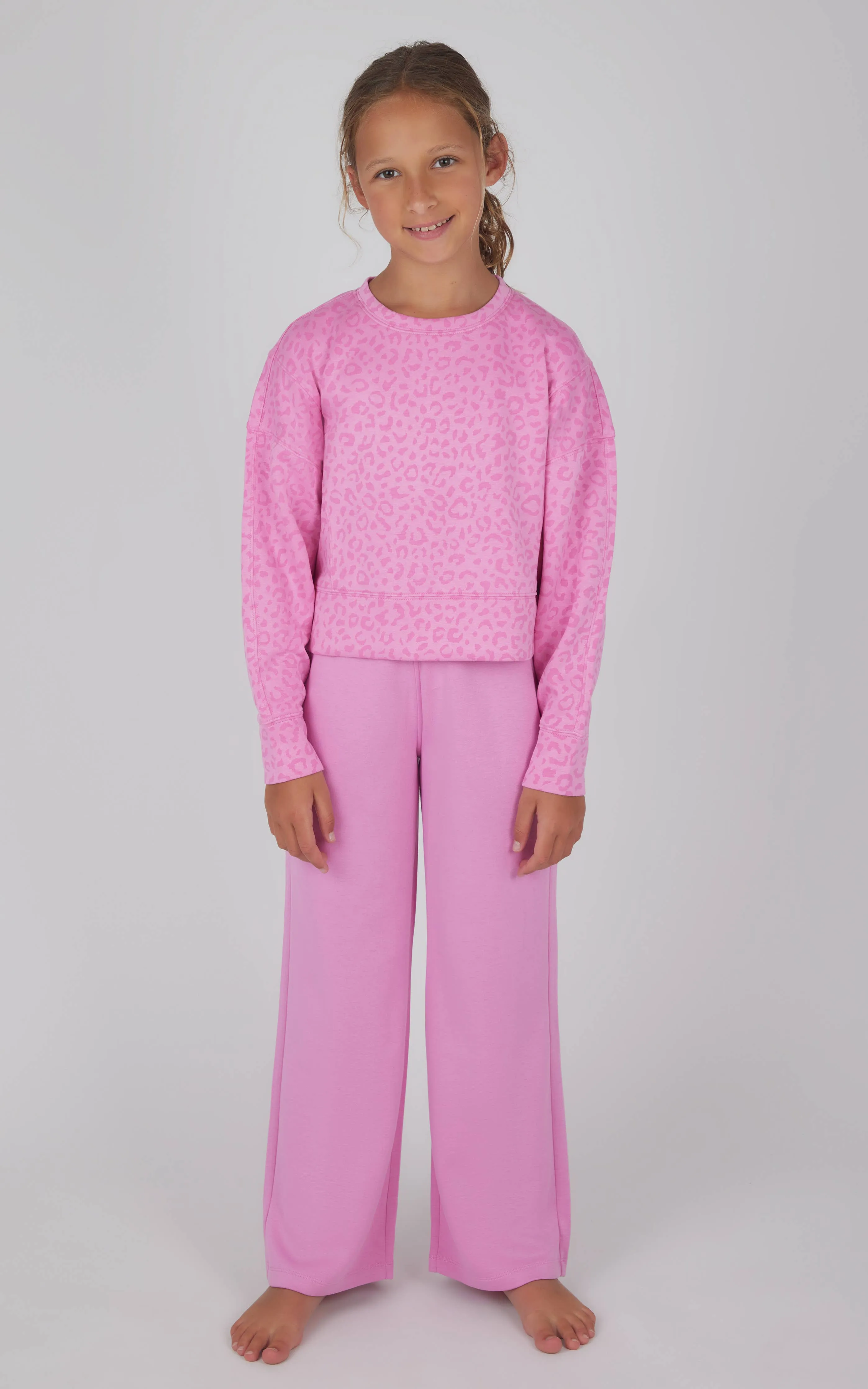 Girls Scuba Crew Pullover and Pants Set - Graphic Leopard Moonlite Mauve