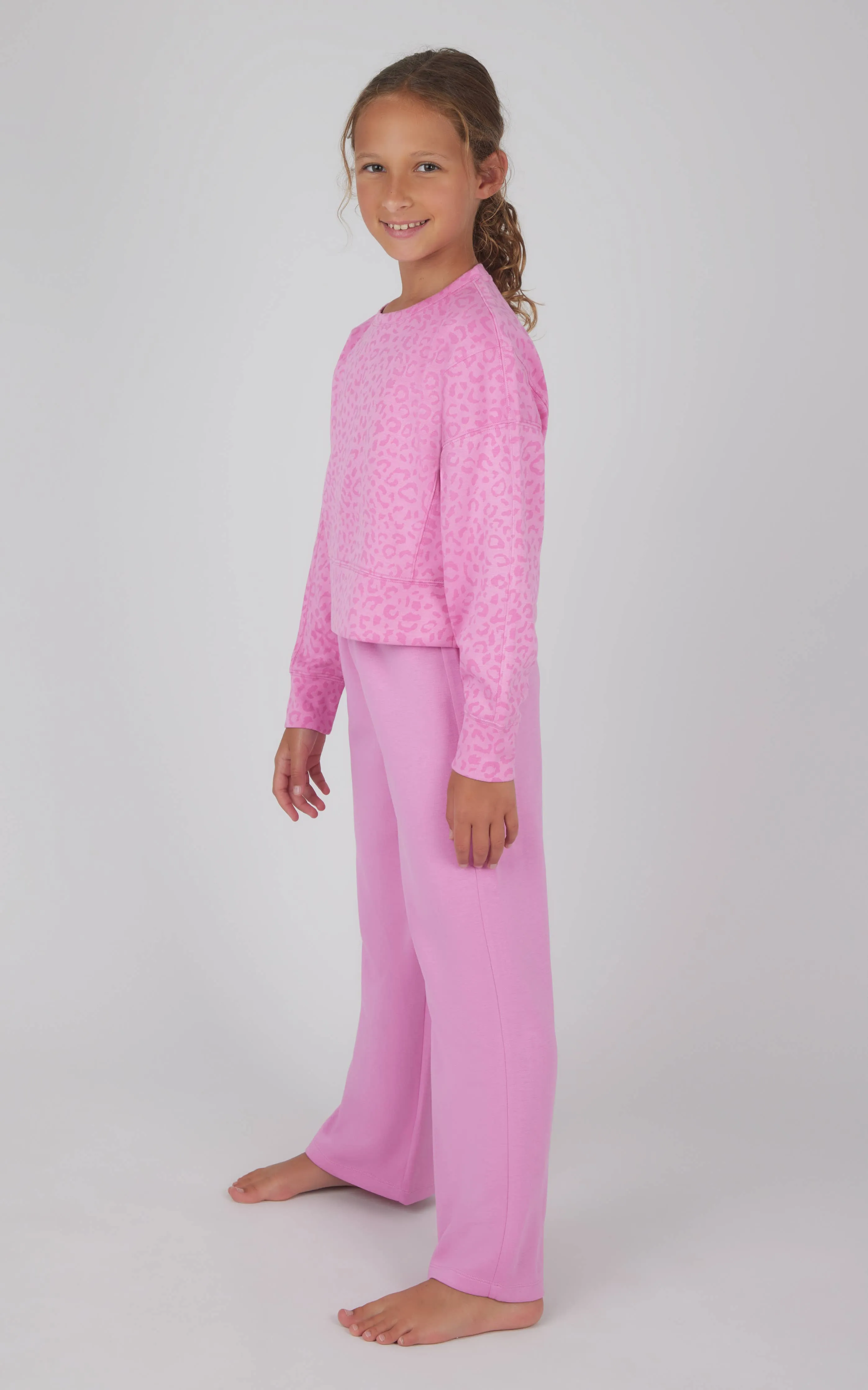 Girls Scuba Crew Pullover and Pants Set - Graphic Leopard Moonlite Mauve
