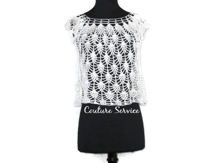 Handmade Crocheted Lace Top Overlay, White, Pineapple Lace