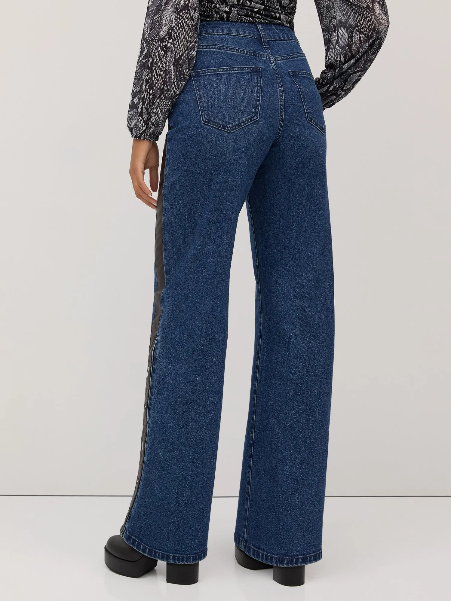 High-Waisted Faux-Leather Snap Wide-Leg Jeans - Dark Wash