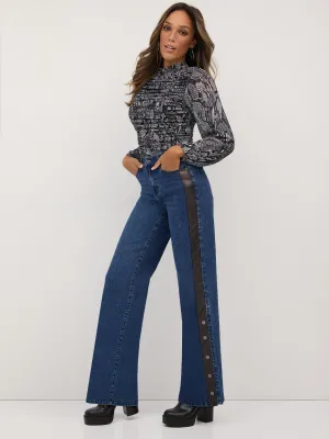 High-Waisted Faux-Leather Snap Wide-Leg Jeans - Dark Wash