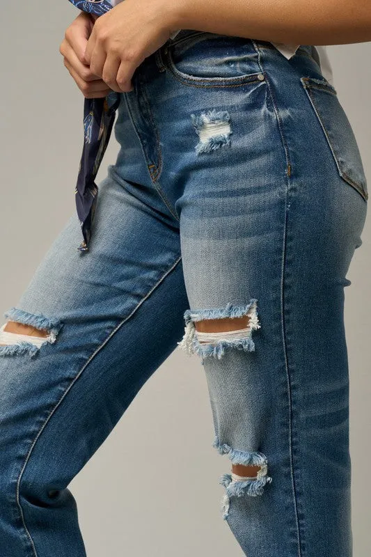 Insane Gene Mid Rise Destroyed Raw Distressed Frayed Hem Cropped Blue Denim Boyfriend Jeans