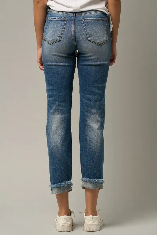 Insane Gene Mid Rise Destroyed Raw Distressed Frayed Hem Cropped Blue Denim Boyfriend Jeans