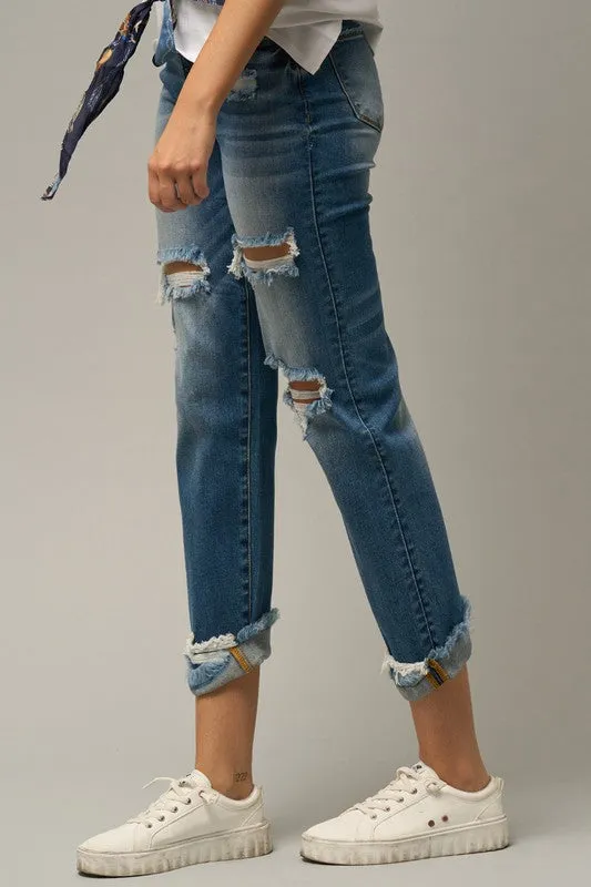 Insane Gene Mid Rise Destroyed Raw Distressed Frayed Hem Cropped Blue Denim Boyfriend Jeans