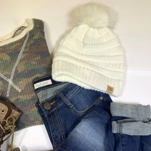Ivory Faux Fur Knitted Beanie- David&Young