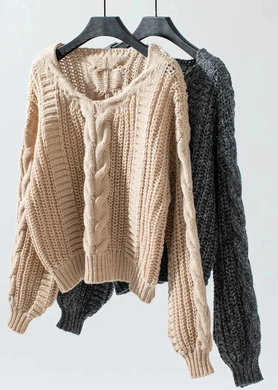 Ivyshape | Cable Knit Lantern Sleeve Sweater Soft Chunky Knit for Autumn/Winter