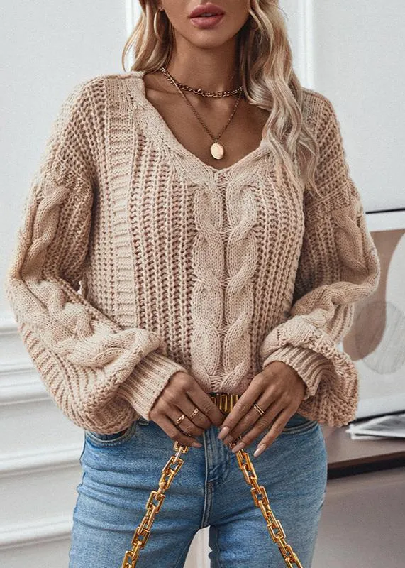 Ivyshape | Cable Knit Lantern Sleeve Sweater Soft Chunky Knit for Autumn/Winter
