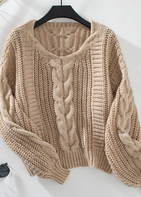 Ivyshape | Cable Knit Lantern Sleeve Sweater Soft Chunky Knit for Autumn/Winter