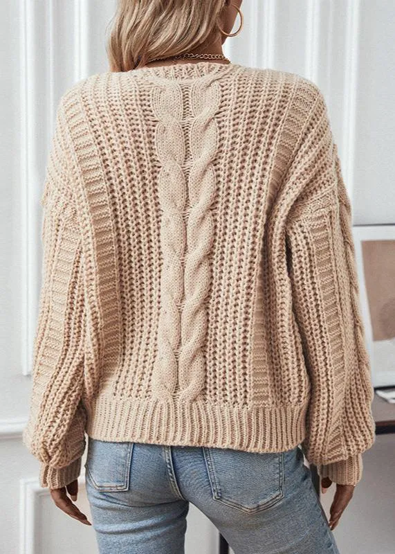 Ivyshape | Cable Knit Lantern Sleeve Sweater Soft Chunky Knit for Autumn/Winter