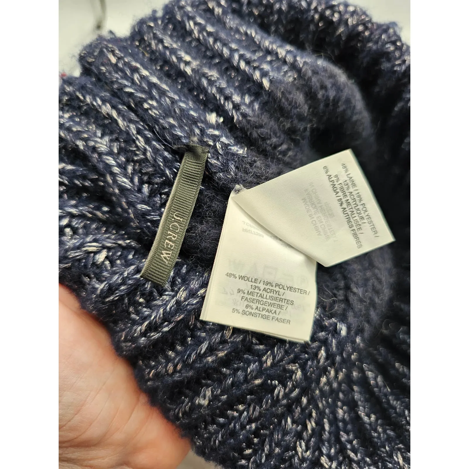 J Crew Wool Blend Winter Beanie Pom Pom Hat Blue and Gray