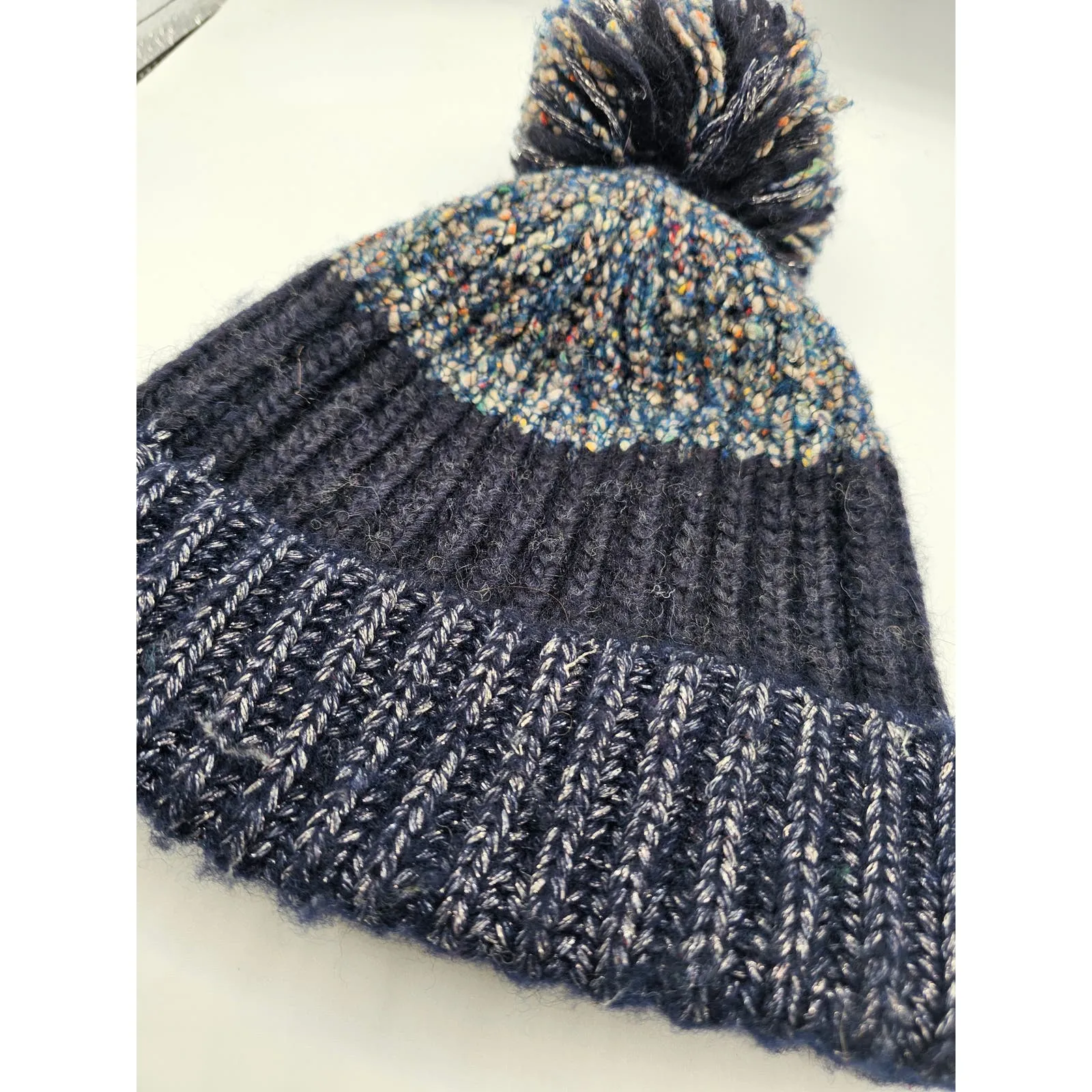 J Crew Wool Blend Winter Beanie Pom Pom Hat Blue and Gray