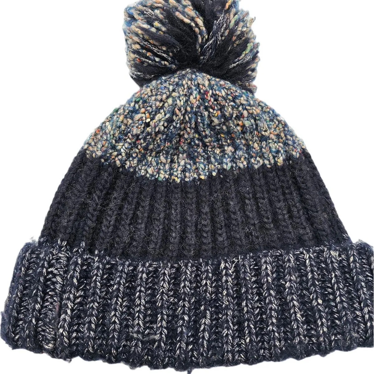 J Crew Wool Blend Winter Beanie Pom Pom Hat Blue and Gray