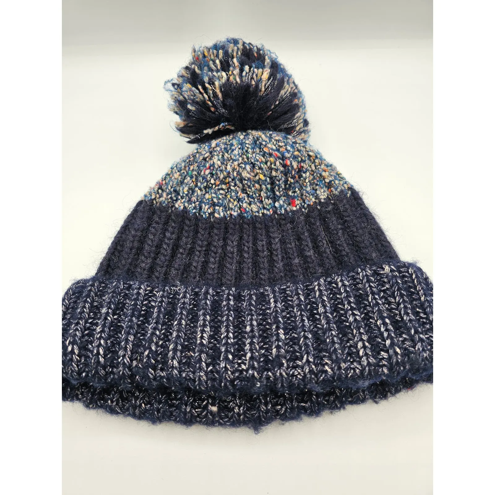 J Crew Wool Blend Winter Beanie Pom Pom Hat Blue and Gray