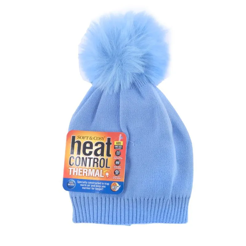 Kids Heat Control Beanie Soft Feel Thermal Lined Pom Pom