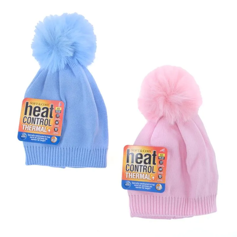 Kids Heat Control Beanie Soft Feel Thermal Lined Pom Pom