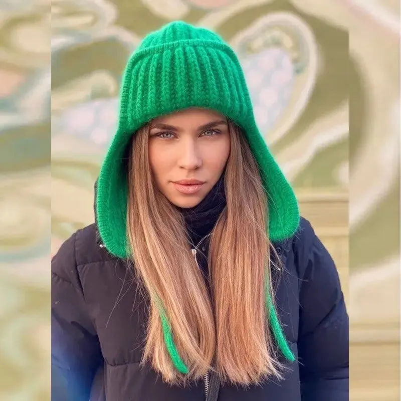 Knitted Ear Protection Tethered Flanging Knitted Beanie