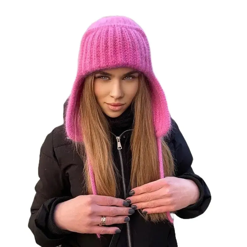 Knitted Ear Protection Tethered Flanging Knitted Beanie