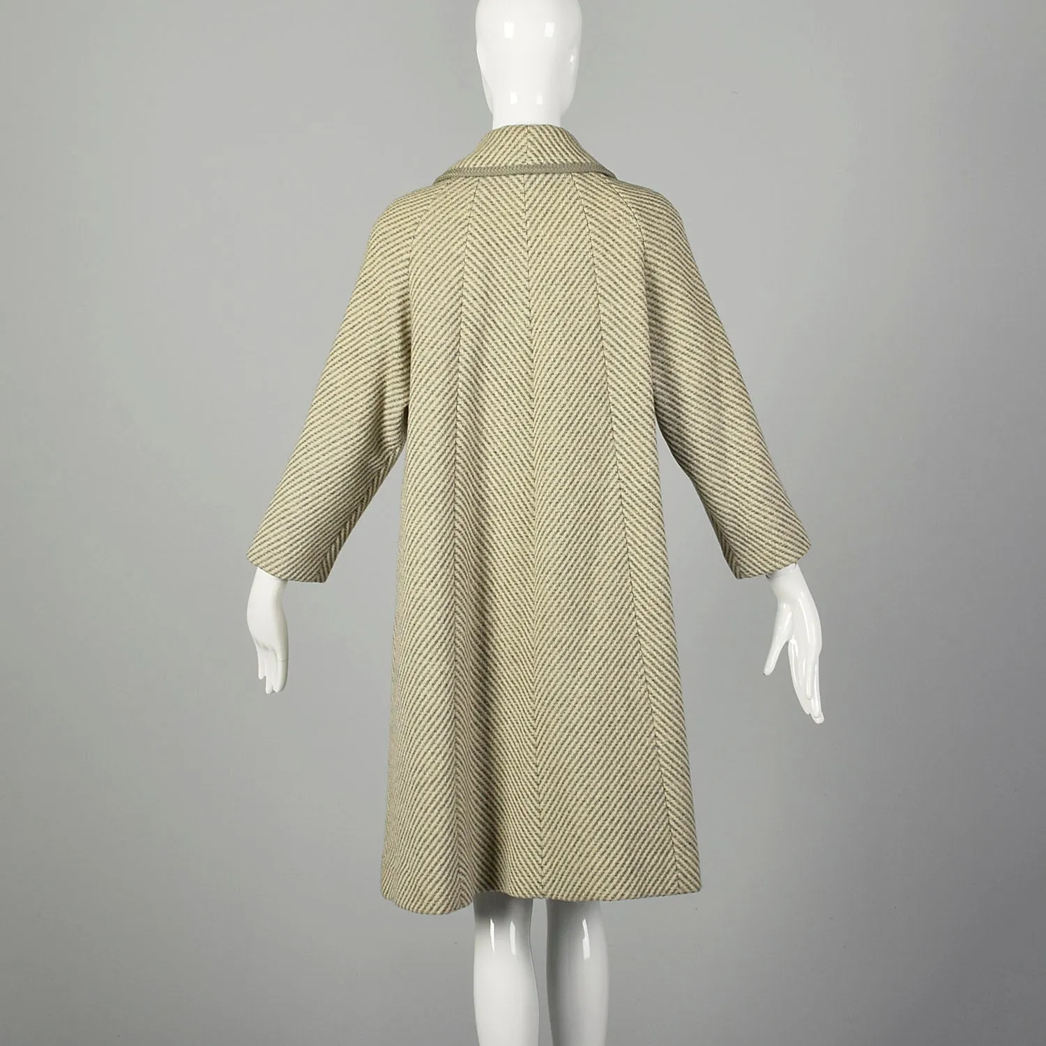 Large 1950s Swing Coat Gray Herringbone Stripe Wool Tweed Peter Pan Collar Winter Outerwear