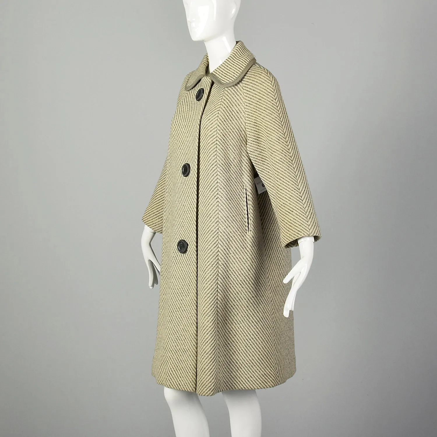 Large 1950s Swing Coat Gray Herringbone Stripe Wool Tweed Peter Pan Collar Winter Outerwear
