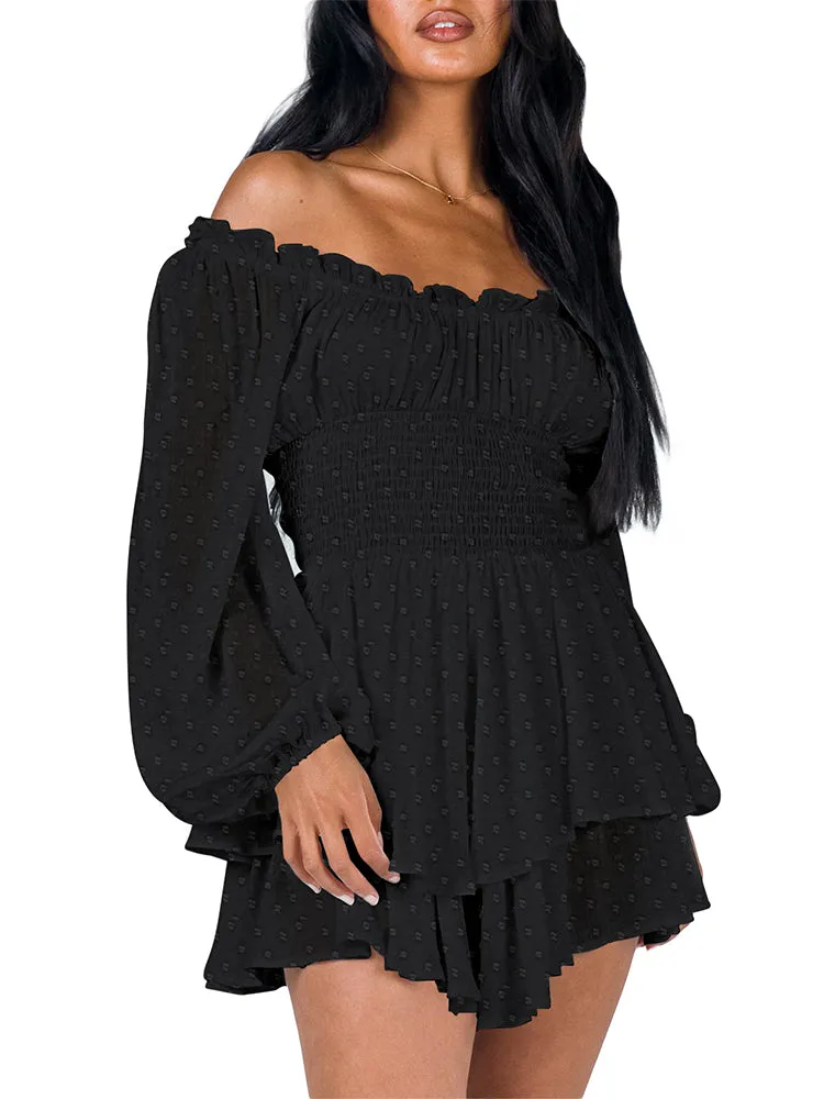 Long Sleeve Swiss Dot Shirred Waist Layered Romper Skirt