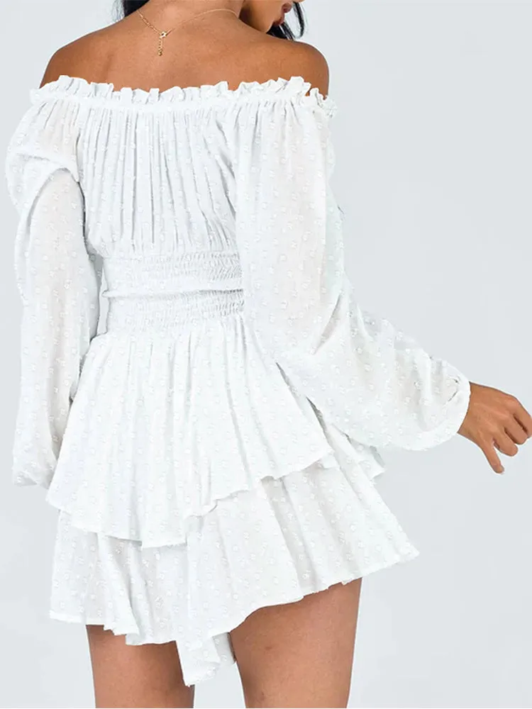 Long Sleeve Swiss Dot Shirred Waist Layered Romper Skirt