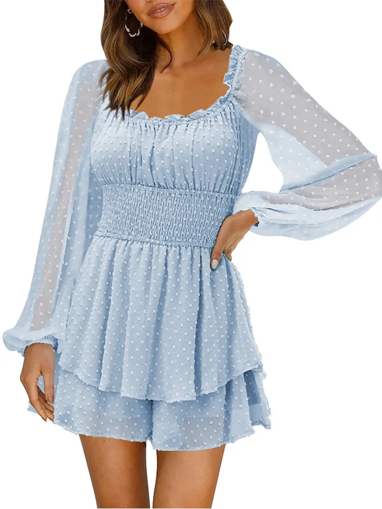 Long Sleeve Swiss Dot Shirred Waist Layered Romper Skirt