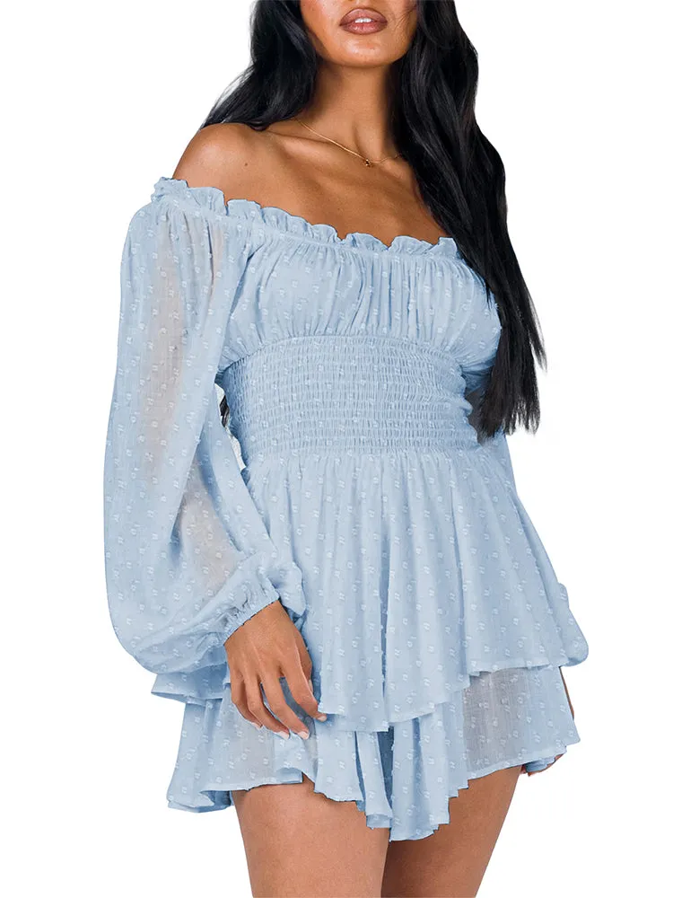 Long Sleeve Swiss Dot Shirred Waist Layered Romper Skirt