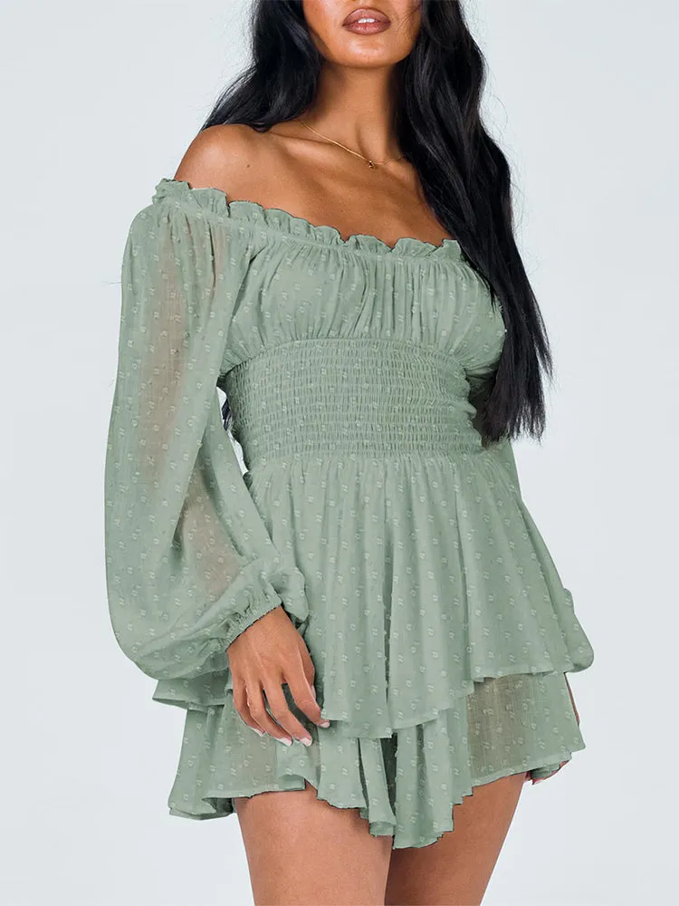 Long Sleeve Swiss Dot Shirred Waist Layered Romper Skirt
