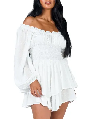 Long Sleeve Swiss Dot Shirred Waist Layered Romper Skirt