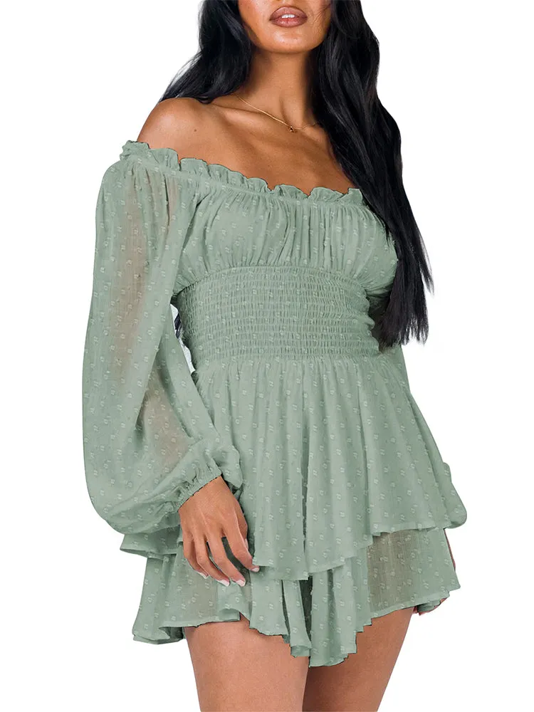 Long Sleeve Swiss Dot Shirred Waist Layered Romper Skirt