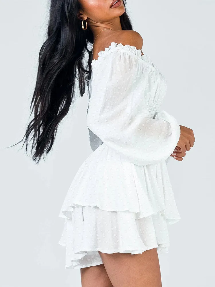 Long Sleeve Swiss Dot Shirred Waist Layered Romper Skirt