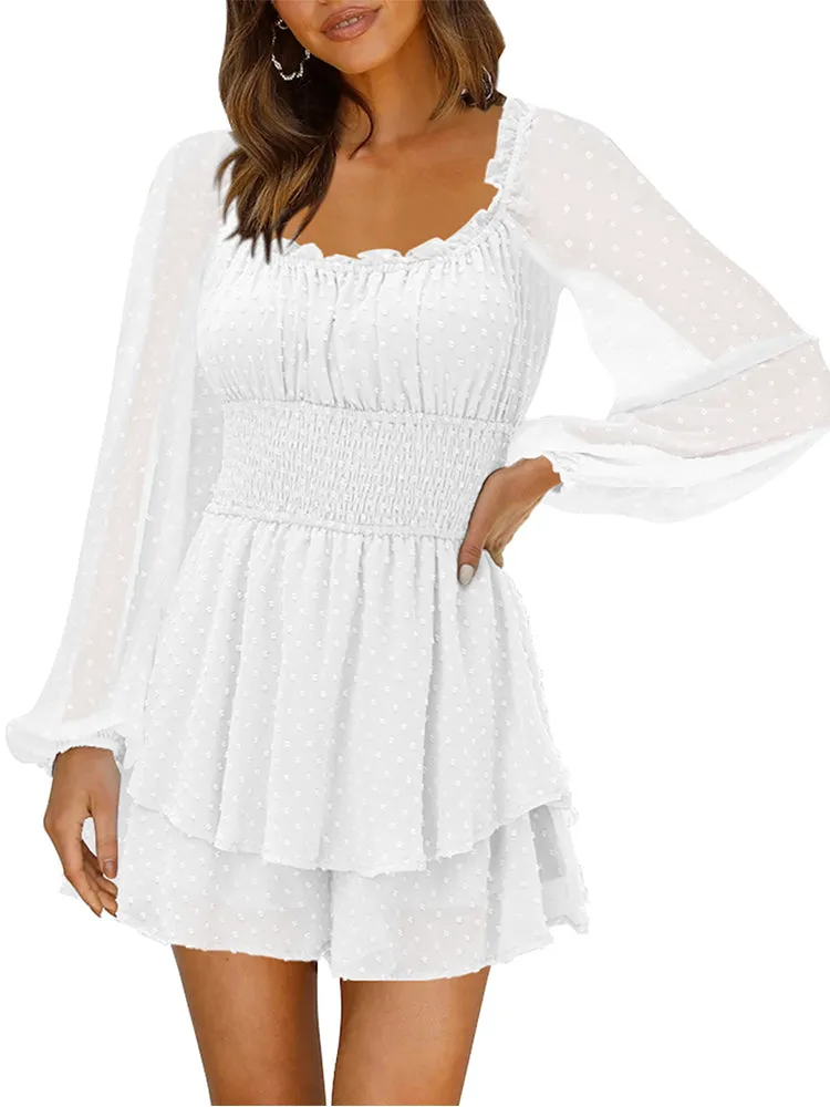Long Sleeve Swiss Dot Shirred Waist Layered Romper Skirt