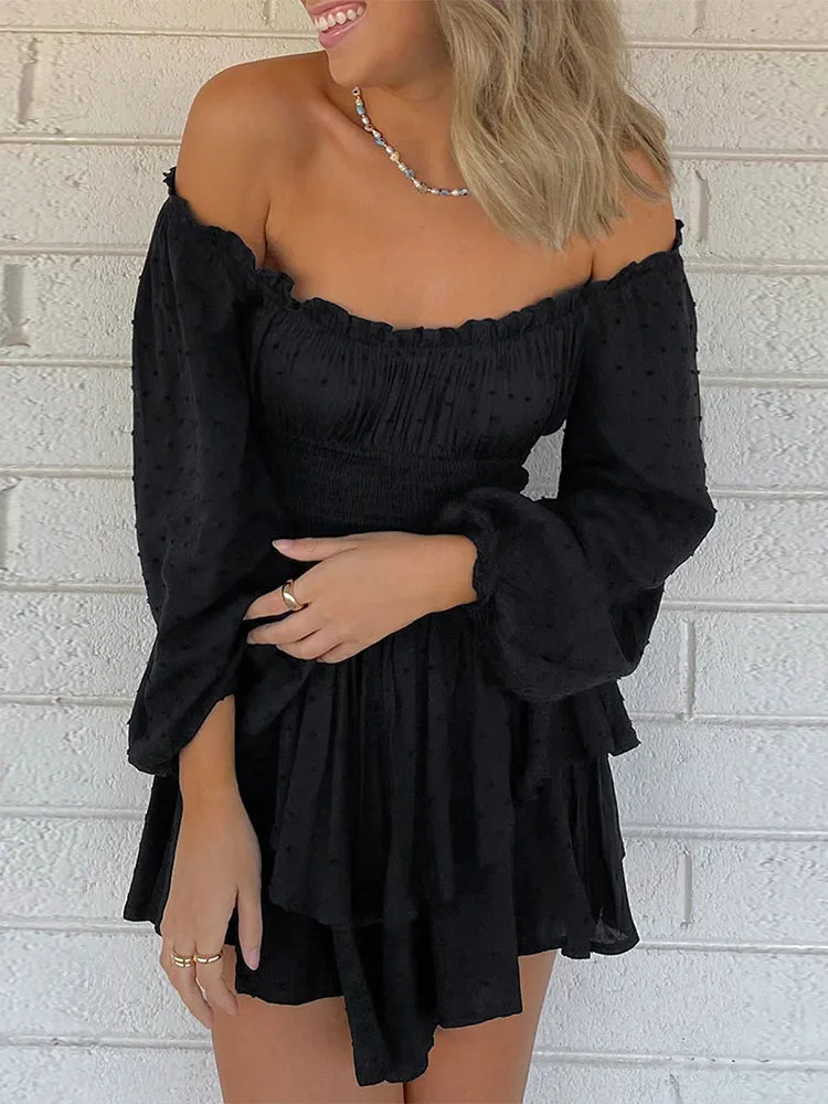 Long Sleeve Swiss Dot Shirred Waist Layered Romper Skirt