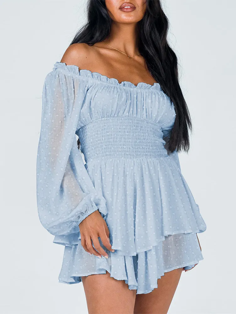 Long Sleeve Swiss Dot Shirred Waist Layered Romper Skirt