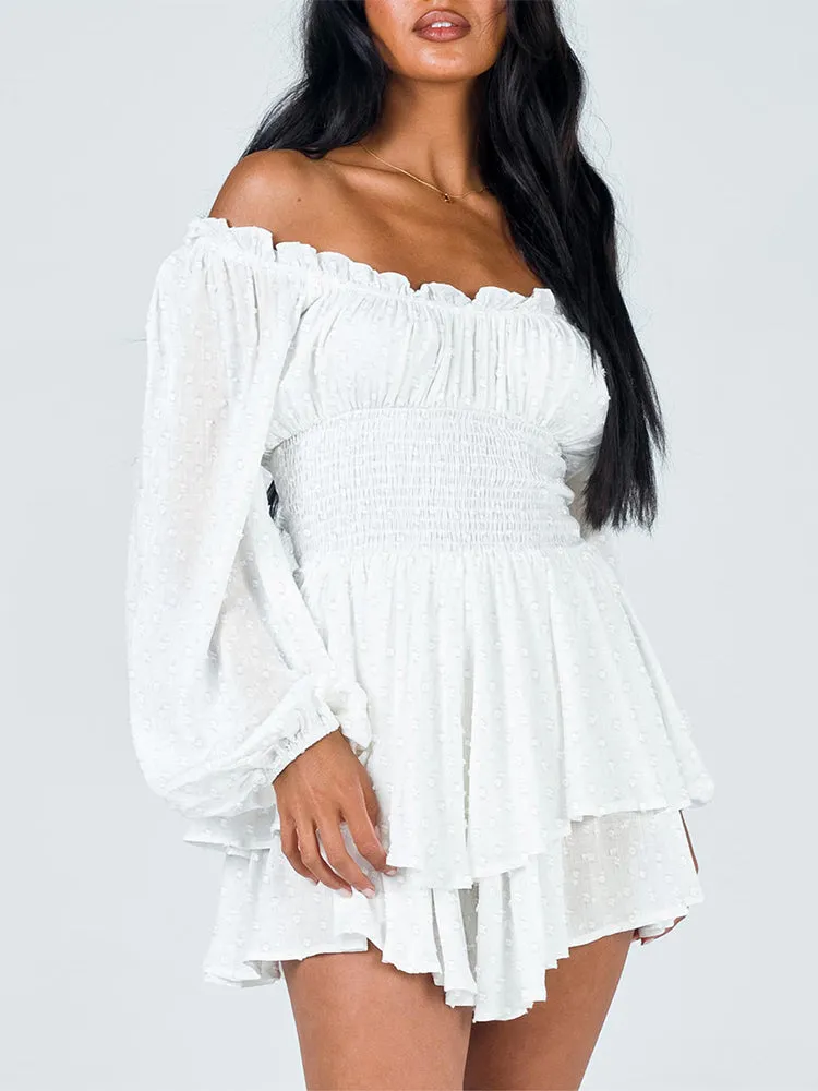 Long Sleeve Swiss Dot Shirred Waist Layered Romper Skirt