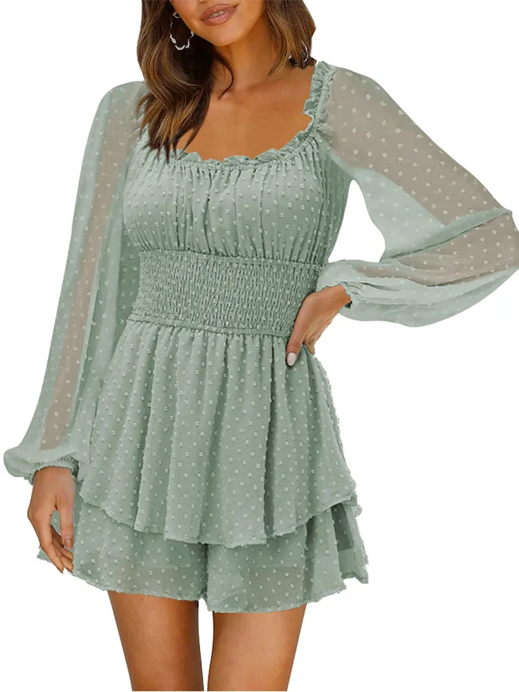 Long Sleeve Swiss Dot Shirred Waist Layered Romper Skirt