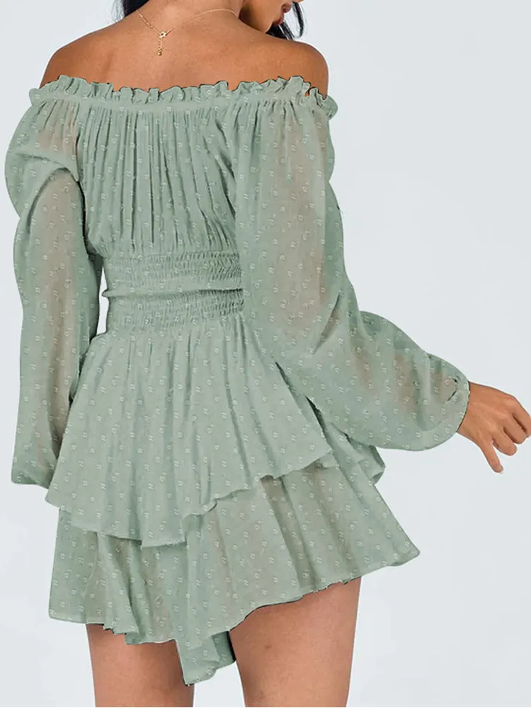 Long Sleeve Swiss Dot Shirred Waist Layered Romper Skirt