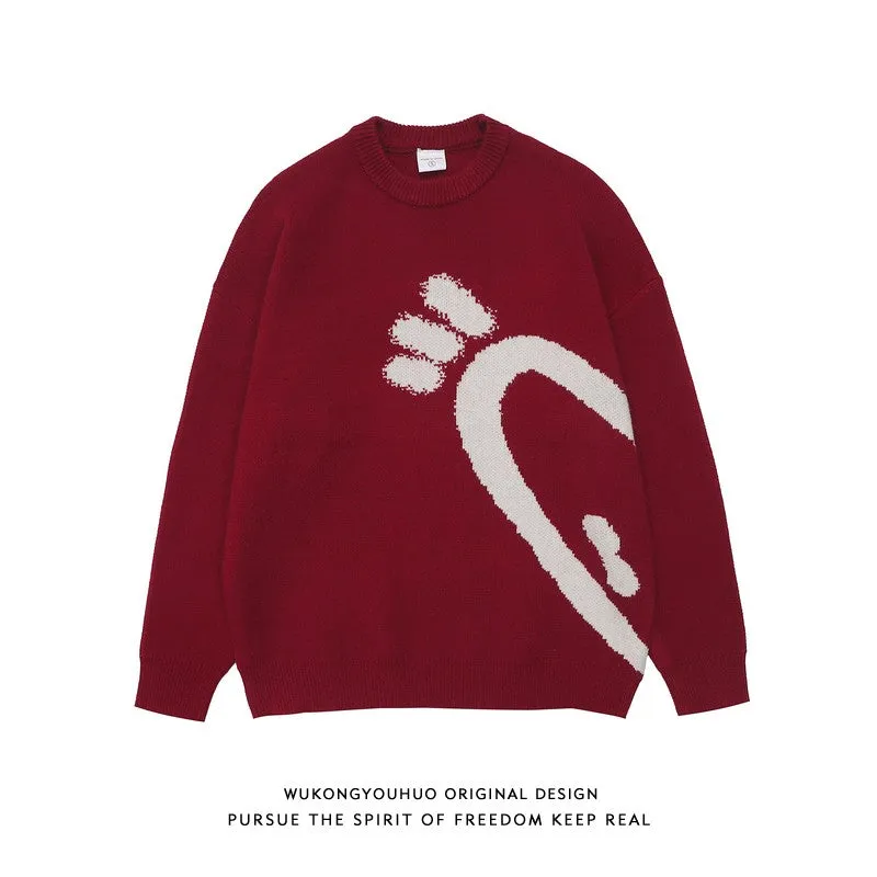 Love Couple Knitted Sweater Men's Fashion Brand Red Loose Casual Versatile Top