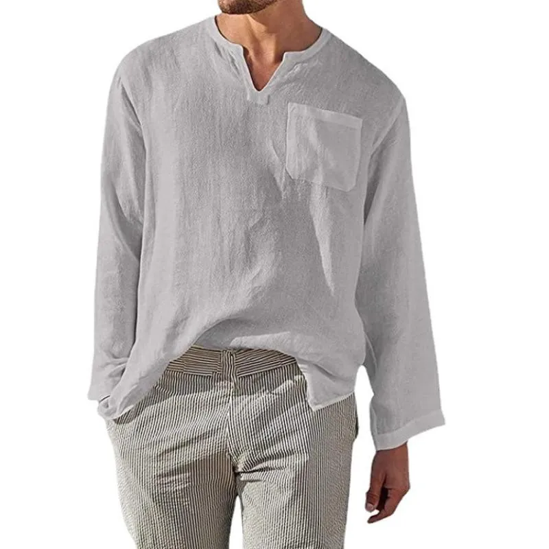 Men's Classic Casual V-Neck Cotton and Linen Long Sleeve Shirt 89901691K