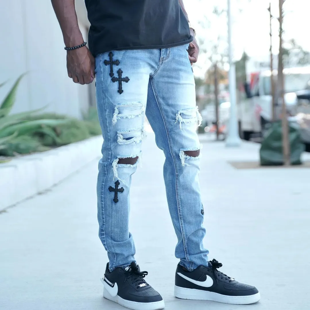 Men's Premium Black Cross Distressed Light Blue Denim Light Wash Slim Fit Jeans with Stretch