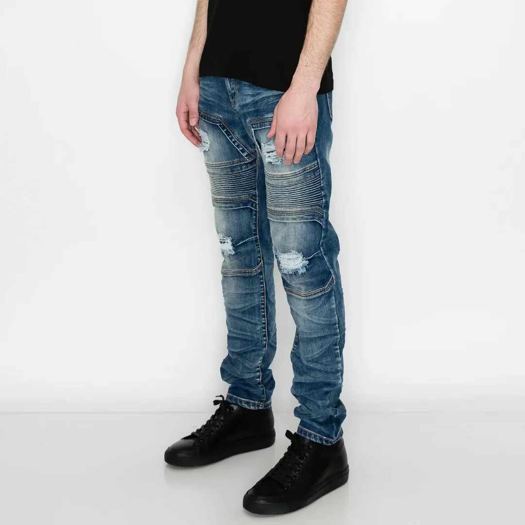 Men's Premium Distressed Biker Blue Denim Wash Skinny Jeans with Stretch