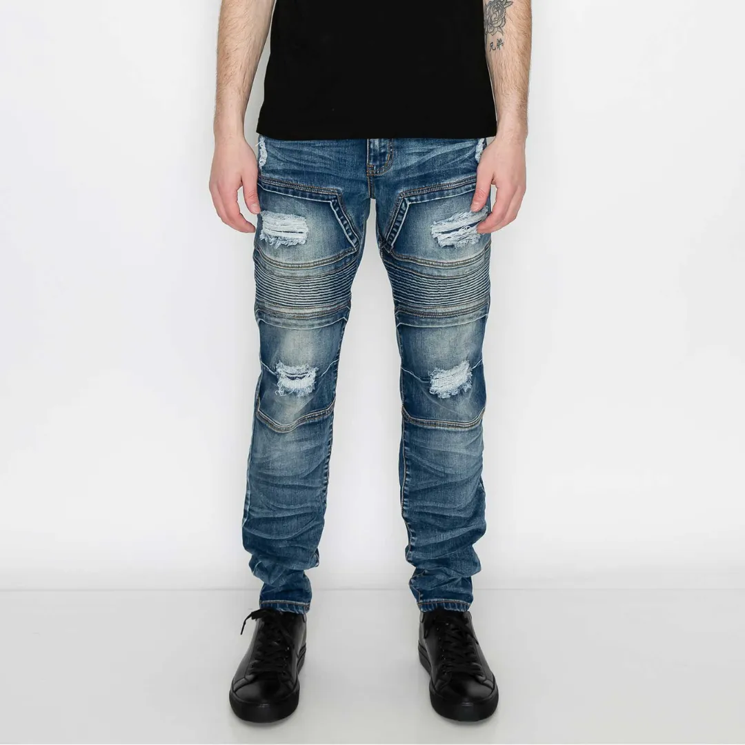 Men's Premium Distressed Biker Blue Denim Wash Skinny Jeans with Stretch