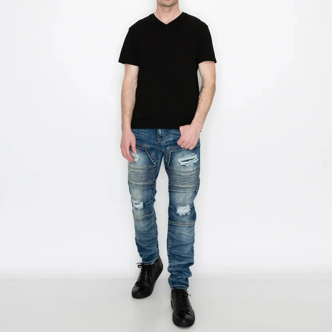 Men's Premium Distressed Biker Blue Denim Wash Skinny Jeans with Stretch